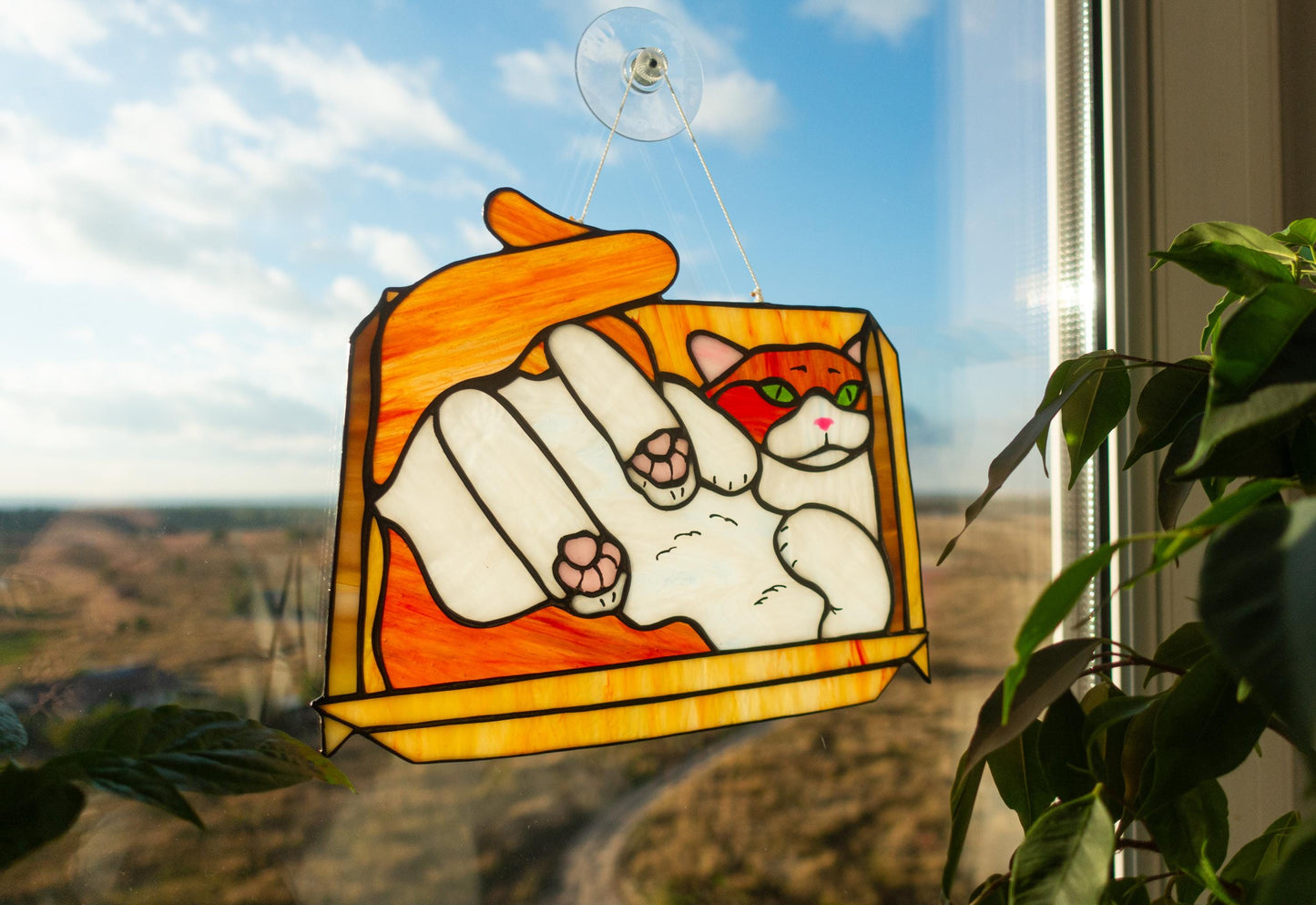 Funny cat stained glass suncatcher — white elephant Secret Santa gift, handmade in Ukraine, ships worldwide