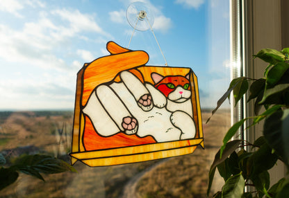 Funny cat stained glass suncatcher — white elephant Secret Santa gift, handmade in Ukraine, ships worldwide