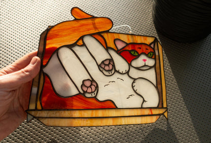 Handmade stained glass cat sitting in box — copper foil Tiffany technique, colorful meme art, made in Ukraine