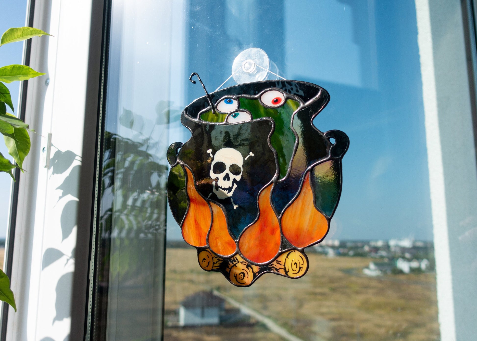 Halloween witch cauldron stained glass suncatcher — spooky brew window art witchy horror gift