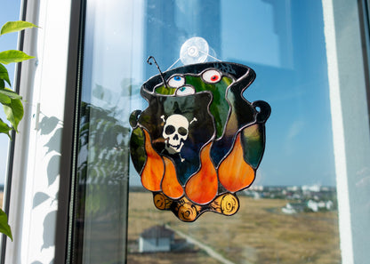 Halloween witch cauldron stained glass suncatcher — spooky brew window art witchy horror gift