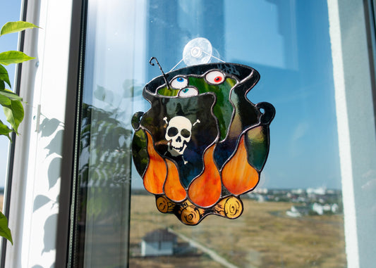 Halloween witch cauldron stained glass suncatcher — spooky brew window art witchy horror gift