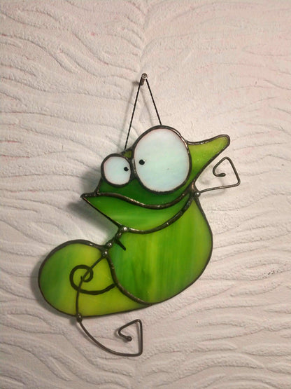 Handmade mini chameleon stained glass — copper foil Tiffany technique, bright green glass, made in Ukraine