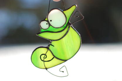 Tiny chameleon suncatcher hanging in window — miniature reptile light catcher, exotic pet decor gift