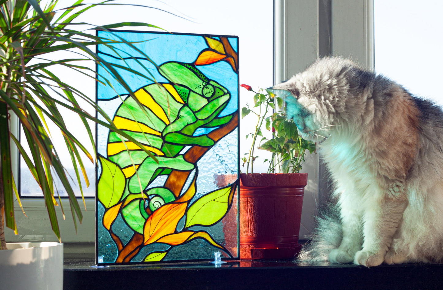Handmade chameleon stained glass panel — copper foil Tiffany technique, textured scales, made in Ukraine