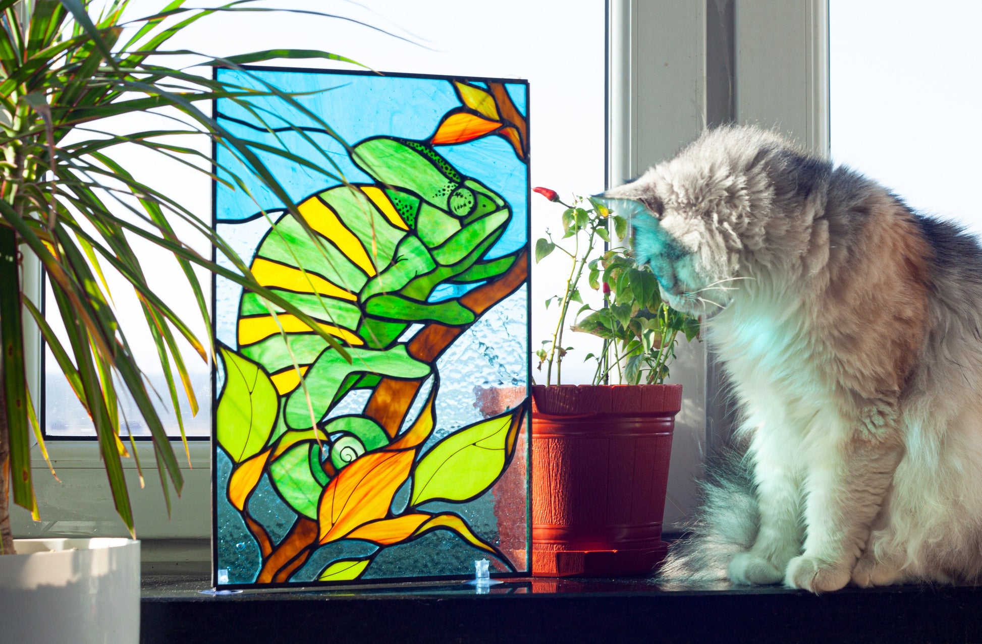 Handmade chameleon stained glass panel — copper foil Tiffany technique, textured scales, made in Ukraine
