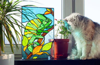Handmade chameleon stained glass panel — copper foil Tiffany technique, textured scales, made in Ukraine