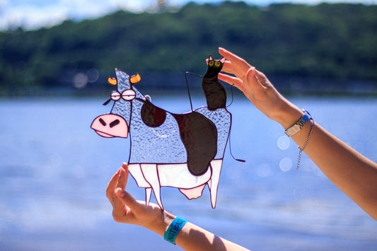 Funny cat and cow stained glass suncatcher — quirky kitchen window art, black patina finish