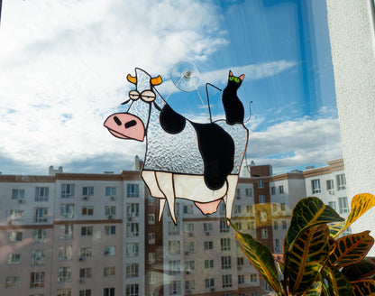 Funny cowshake cat stained glass suncatcher — quirky kitchen window art gift for cat lovers