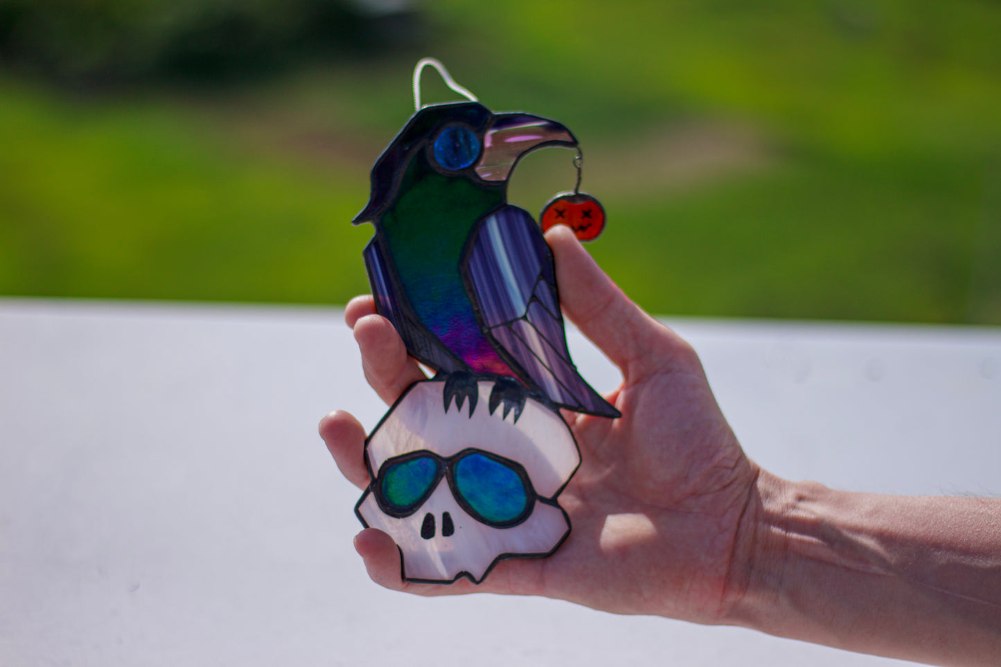 Black crow perched on skull stained glass — copper foil Tiffany method, 2 variants, made in Ukraine

