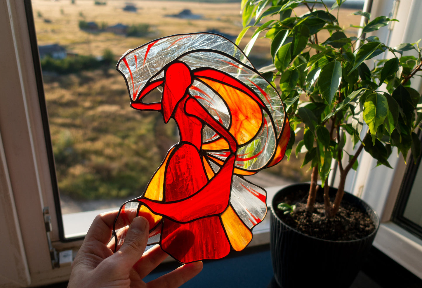 Handmade female dancer stained glass suncatcher — elegant woman figure window art gift for her