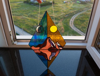 Handmade day and night mountain stained glass rhombus suncatcher — geometric nature window art decor