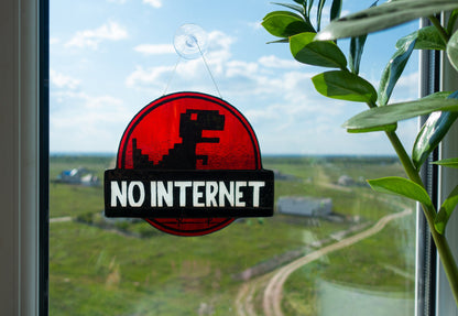 No internet dinosaur stained glass suncatcher — offline dino meme gamer geek window art gift