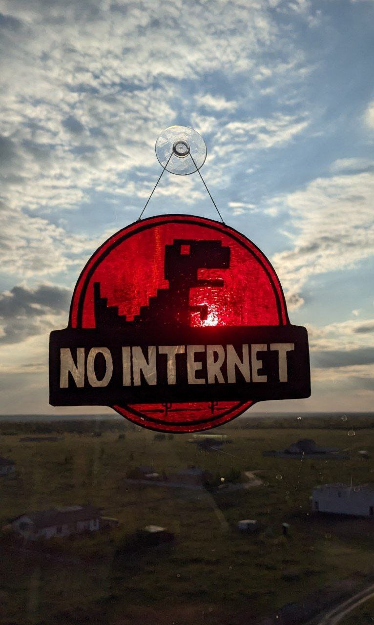 Handmade no internet dinosaur stained glass suncatcher — offline dino meme quirky gamer geek window art gift