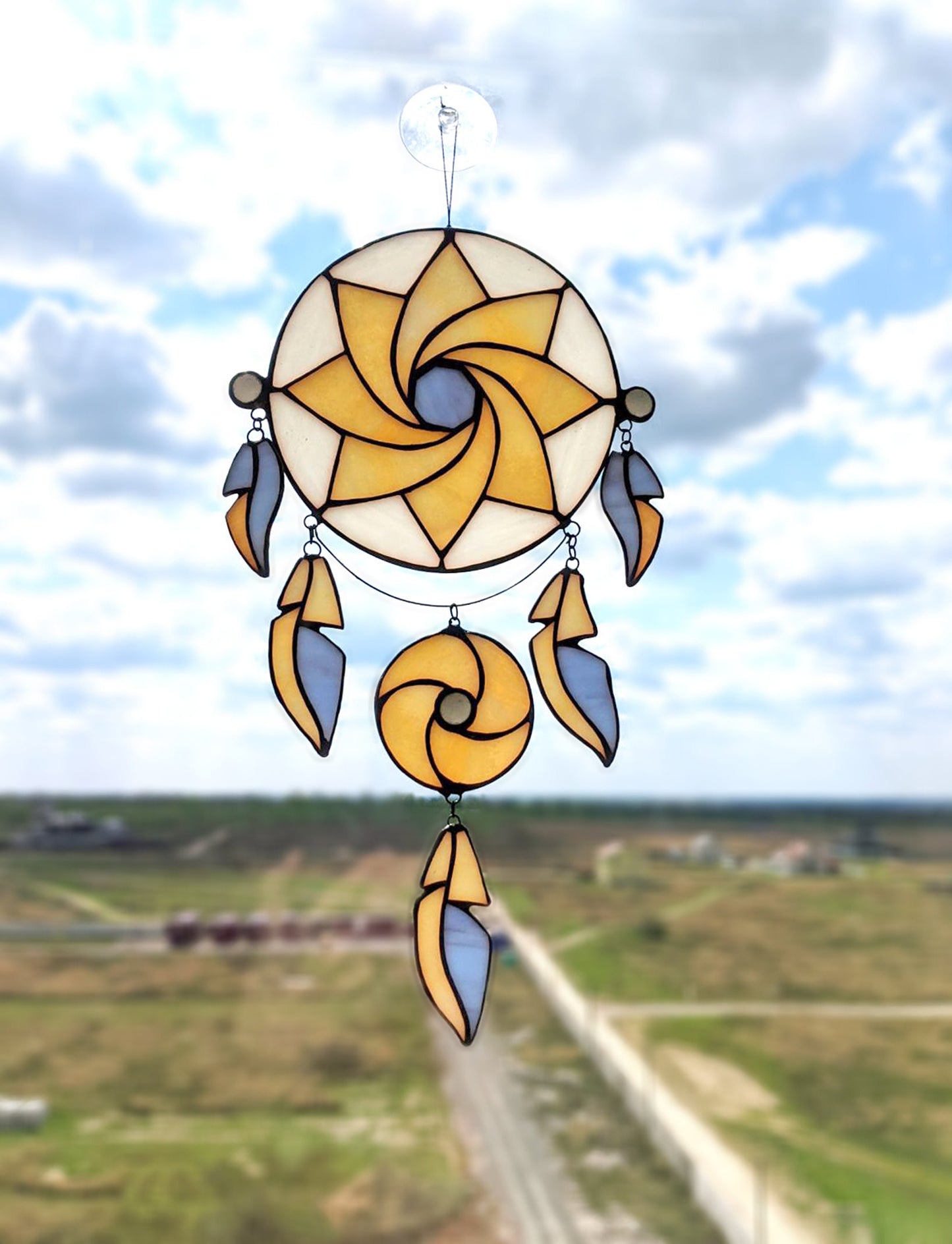 Boho web circle stained glass suncatcher — geometric feather window art bohemian home gift