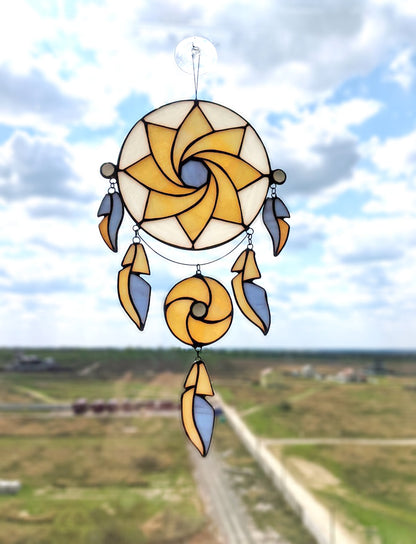 Boho web circle stained glass suncatcher — geometric feather window art bohemian home gift