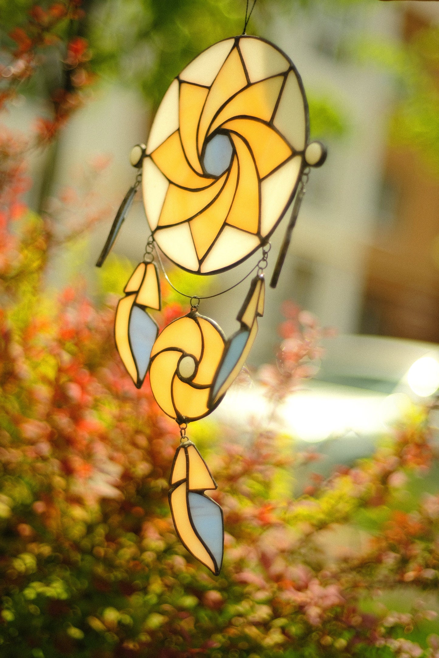 Handmade boho web circle stained glass suncatcher — geometric feather bohemian window art home decor gift