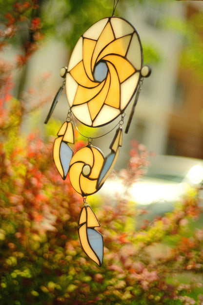 Handmade boho web circle stained glass suncatcher — geometric feather bohemian window art home decor gift