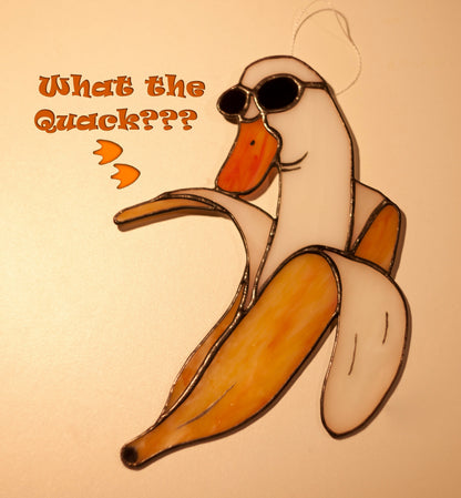 What the quack banana duck stained glass suncatcher — funny weird window art duck lover meme gift