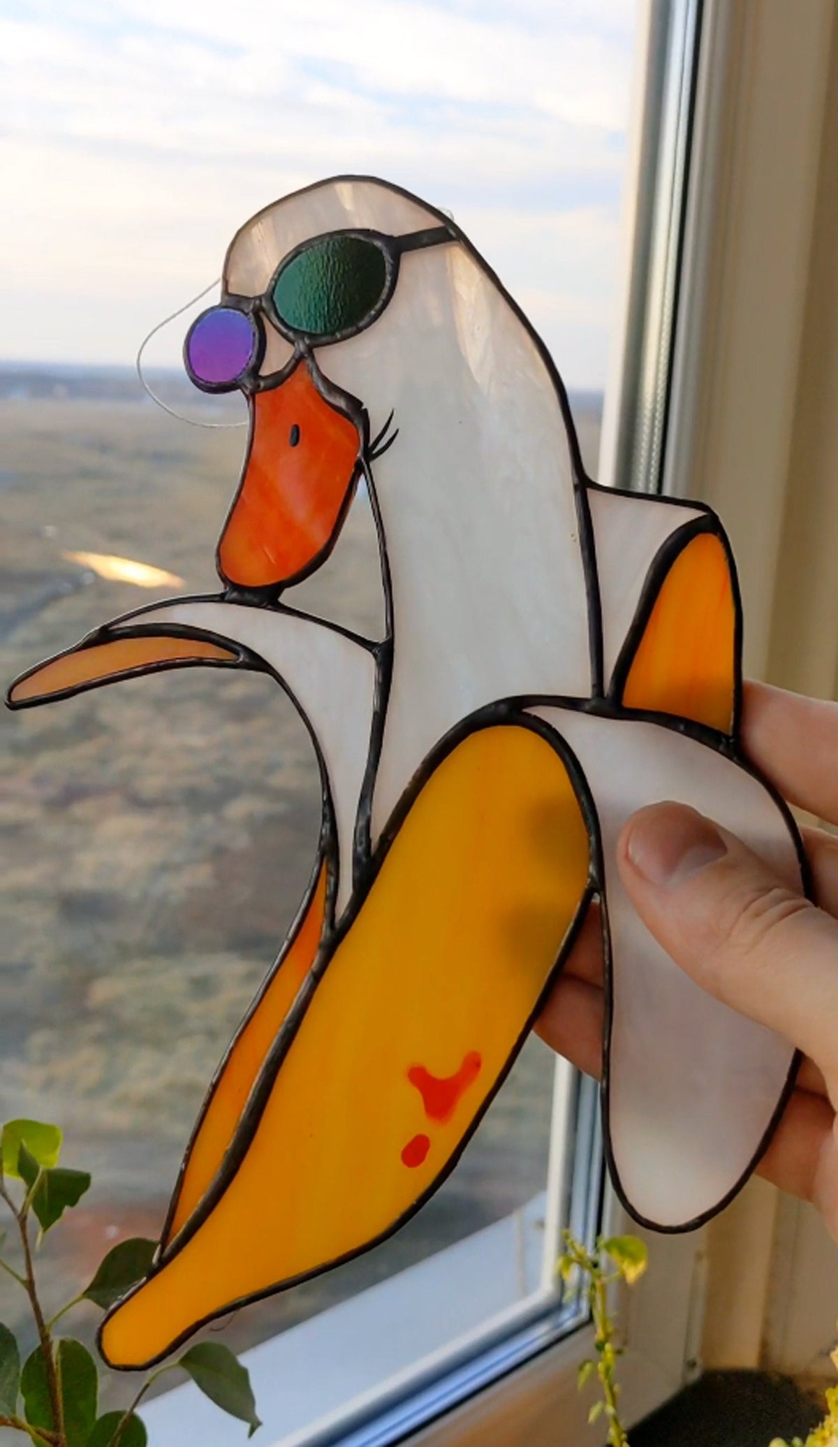 Funny banana duck stained glass suncatcher — weird meme window art gift for duck lovers