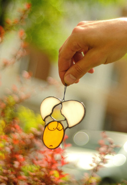 Tiffany copper foil miniature glass egg suncatcher detail — hand-cut cream and white glass
