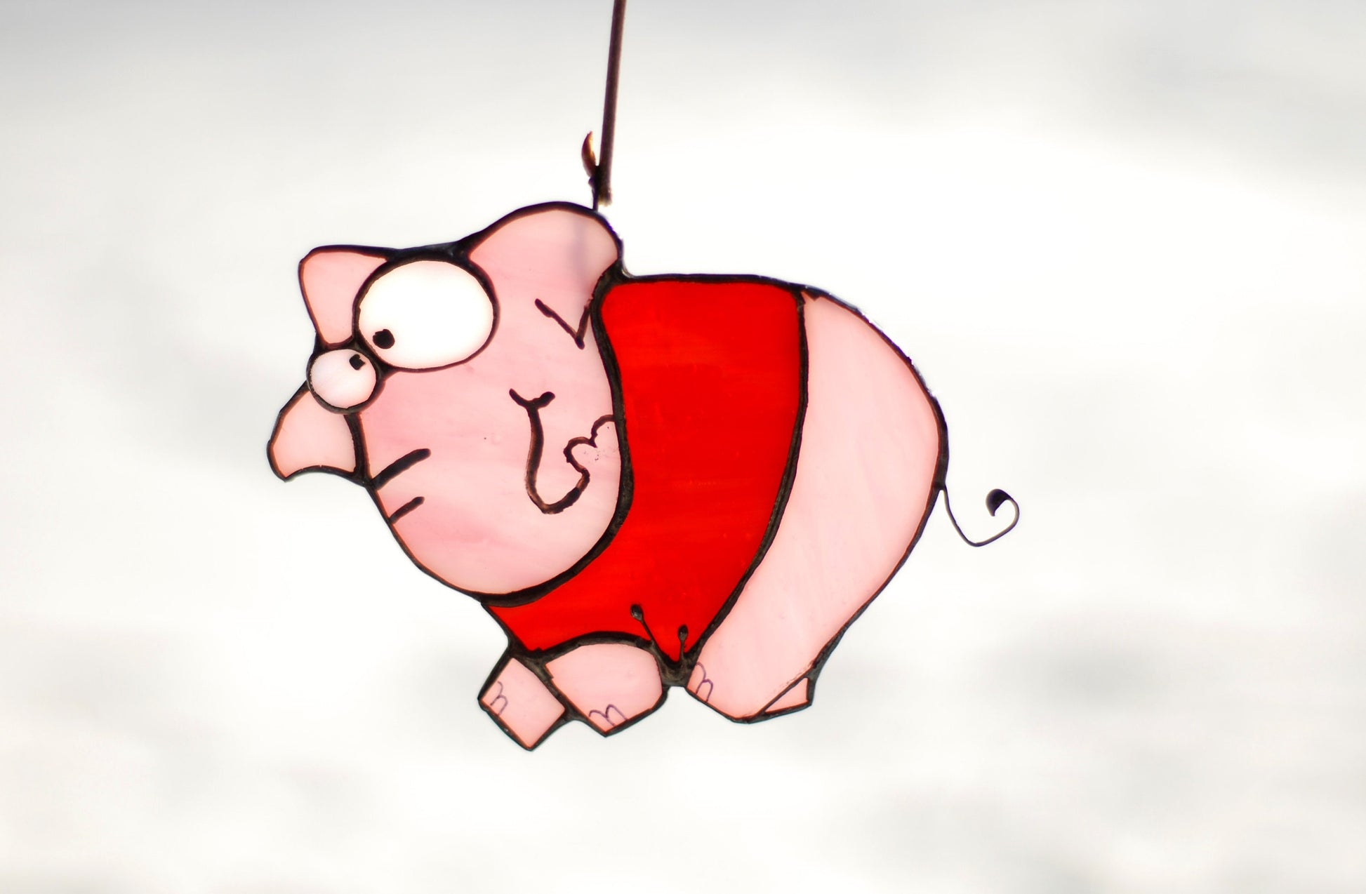 Pink elephant in red shirt stained glass suncatcher — cute funny animal window art kids gift
