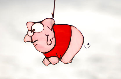 Pink elephant in red shirt stained glass suncatcher — cute funny animal window art kids gift