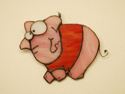 Handmade pink elephant red shirt stained glass suncatcher — cute funny animal window art gift for kids