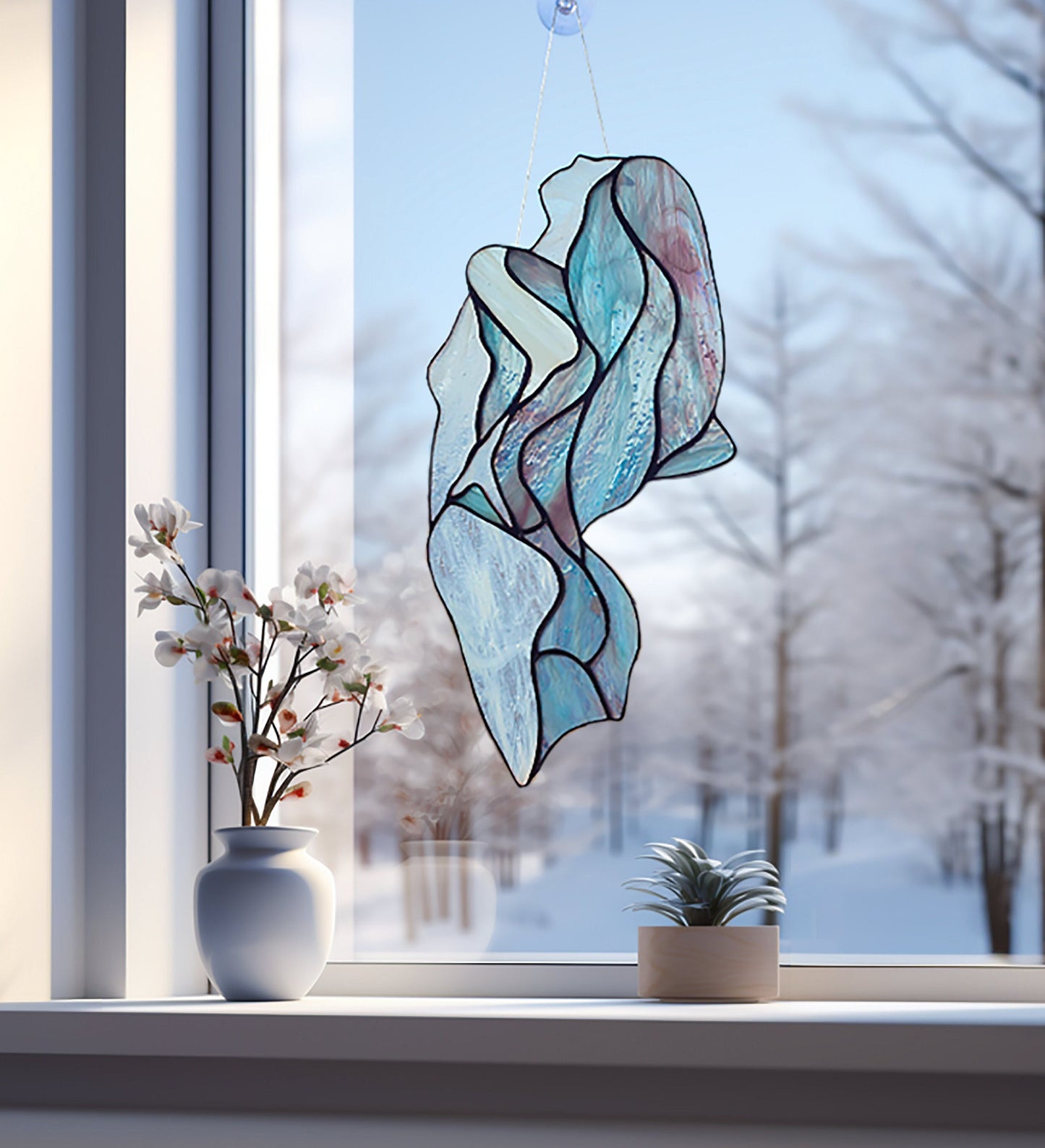 Abstract female silhouette stained glass suncatcher — flowing feminine form window art