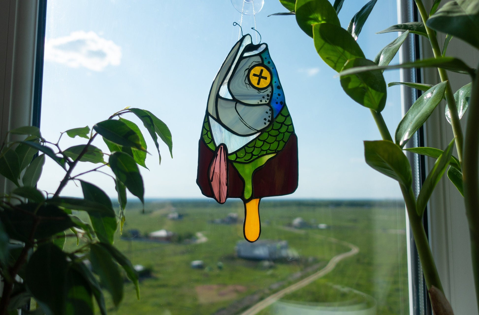 Handmade stained glass fish ice cream popsicle suncatcher — funny weird window art, Mojoartglass


