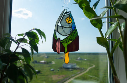 Handmade stained glass fish ice cream popsicle suncatcher — funny weird window art, Mojoartglass

