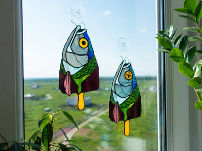 Surrealist fish popsicle stained glass — copper foil Tiffany method, 2 eye variants, made in Ukraine

