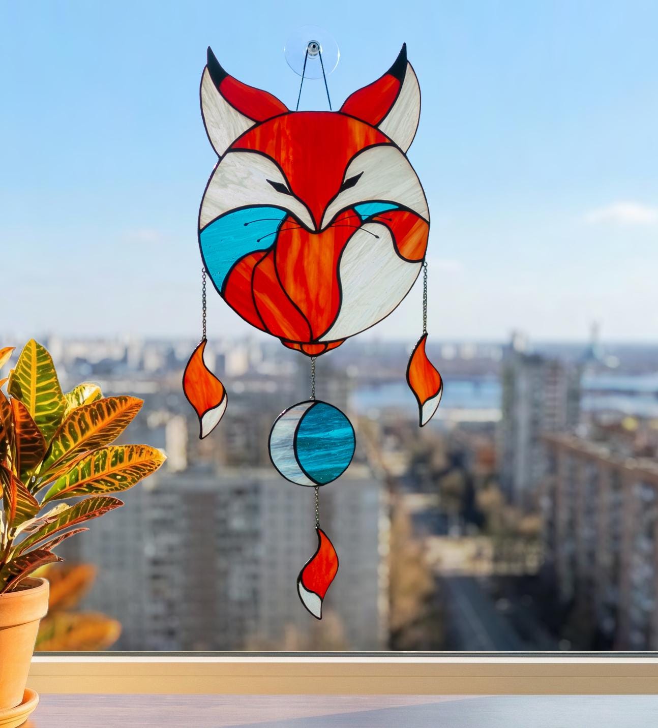 Baby fox stained glass suncatcher — large forest web design woodland nursery window art