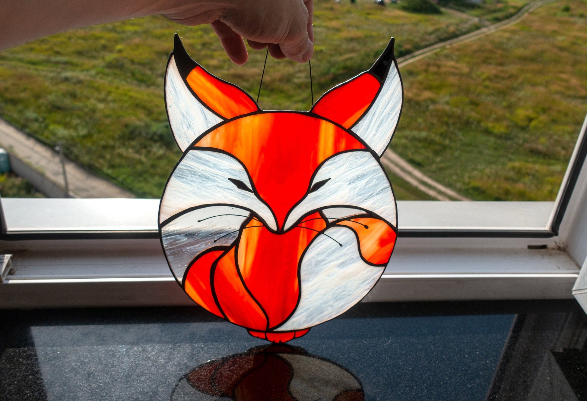 Handmade stained glass baby fox circle suncatcher — cottagecore wildlife window art, Mojoartglass

