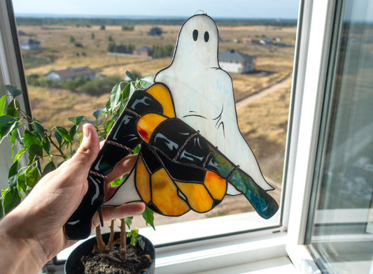 Handmade stained glass ghost girl suncatcher — spooky-cute Halloween window art, Mojoartglass