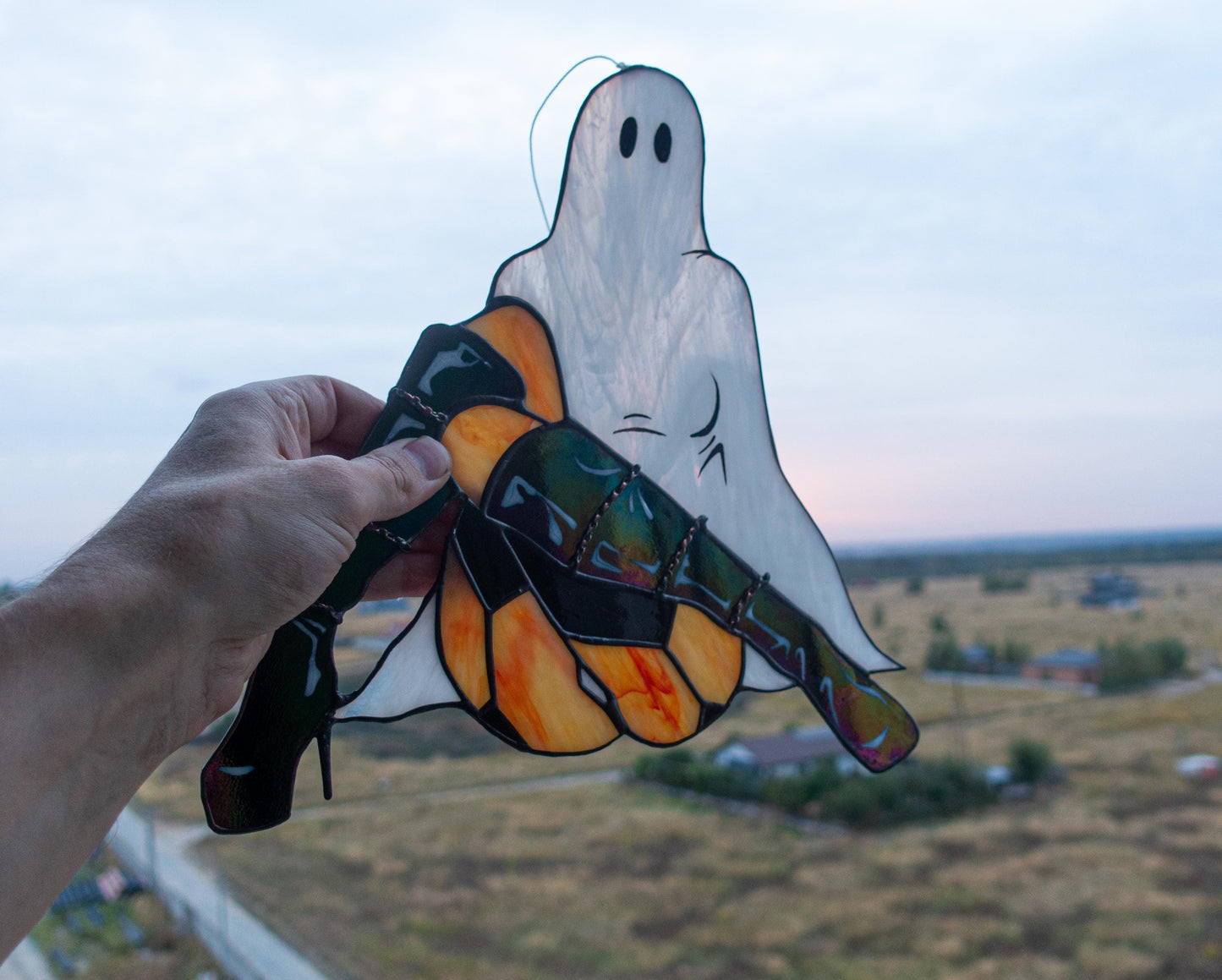 Stained glass ghost girl art — whimsical spooky figure hand-cut glass, gothic gift for her, Kyiv artist
