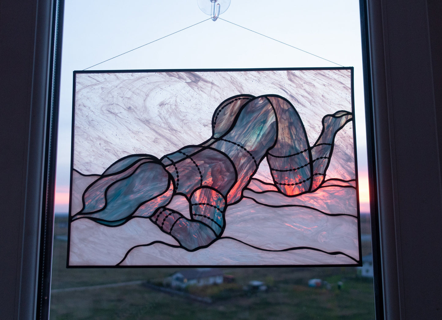Abstract female figure stained glass panel — minimalist line art body fine art window decor