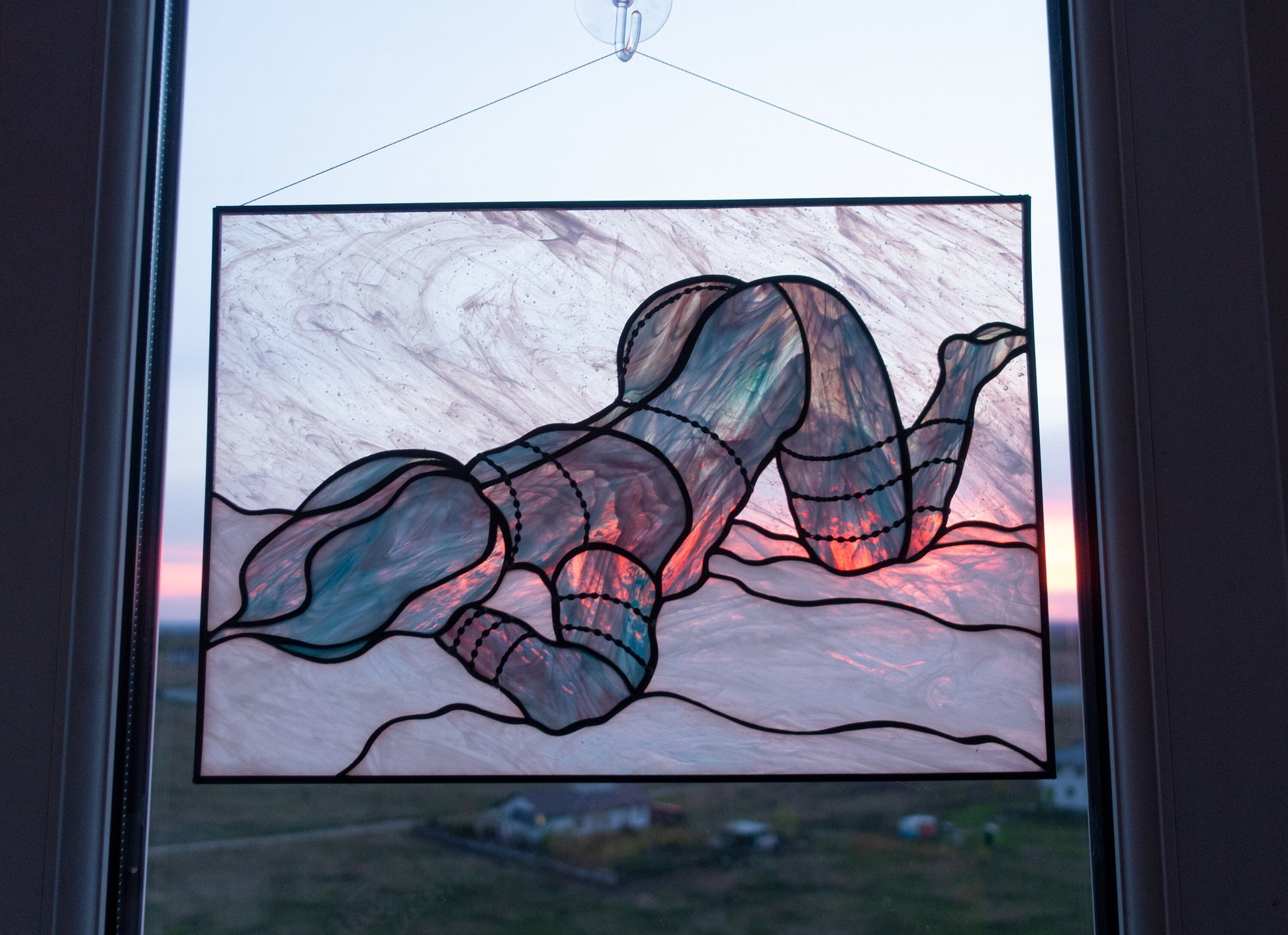 Abstract female figure stained glass panel — minimalist line art body fine art window decor