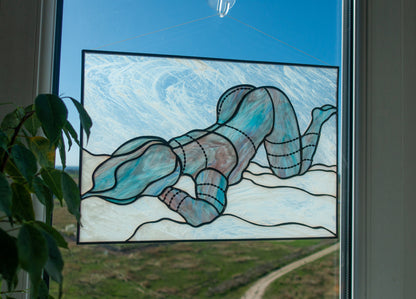 Handmade abstract woman stained glass window panel — minimalist line art feminine fine art decor