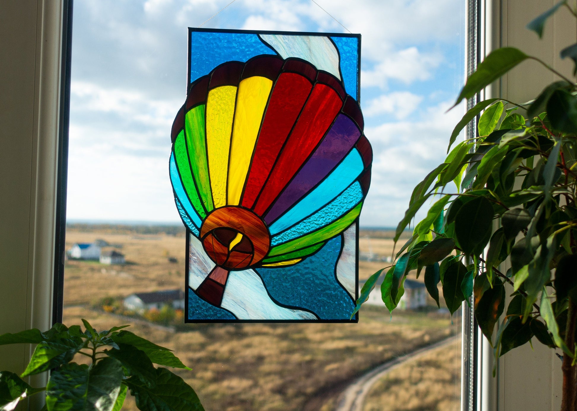 Handmade hot air balloon stained glass panel — copper foil Tiffany technique, bright geometric glass, made in Ukraine