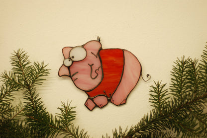 Pink Elephant in Red Shirt Stained Glass Suncatcher — Cute Funny Animal Window Art, Kids Gift