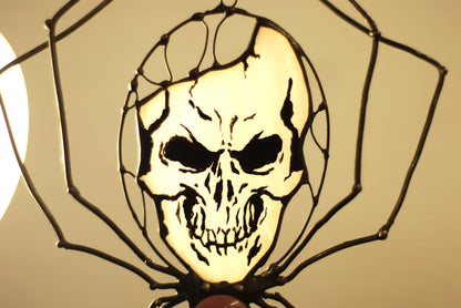 Spider with Skull Stained Glass Suncatcher — Haunted Halloween Window Art, Gothic Horror Gift