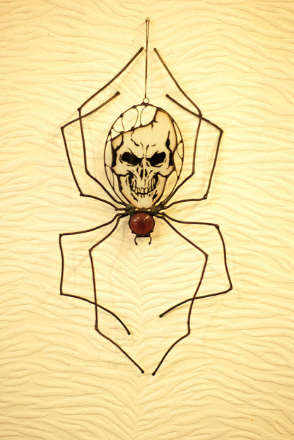 Spider with Skull Stained Glass Suncatcher — Haunted Halloween Window Art, Gothic Horror Gift