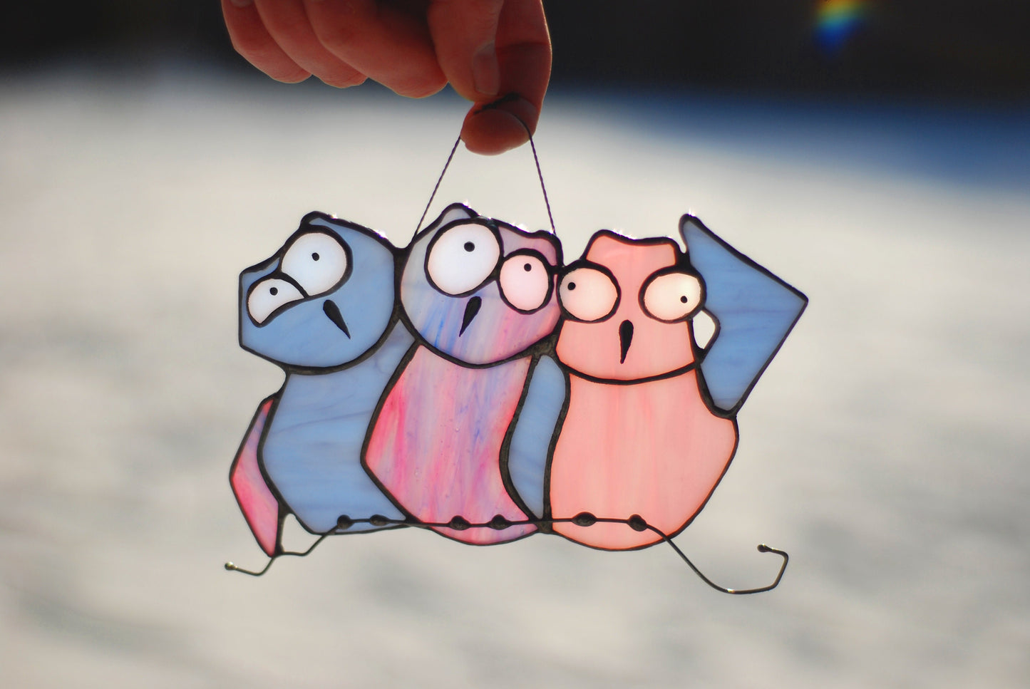 Stained Glass Owl Suncatcher — Three Curious Owls, Woodland Window Hanging, Owl Lover Gift