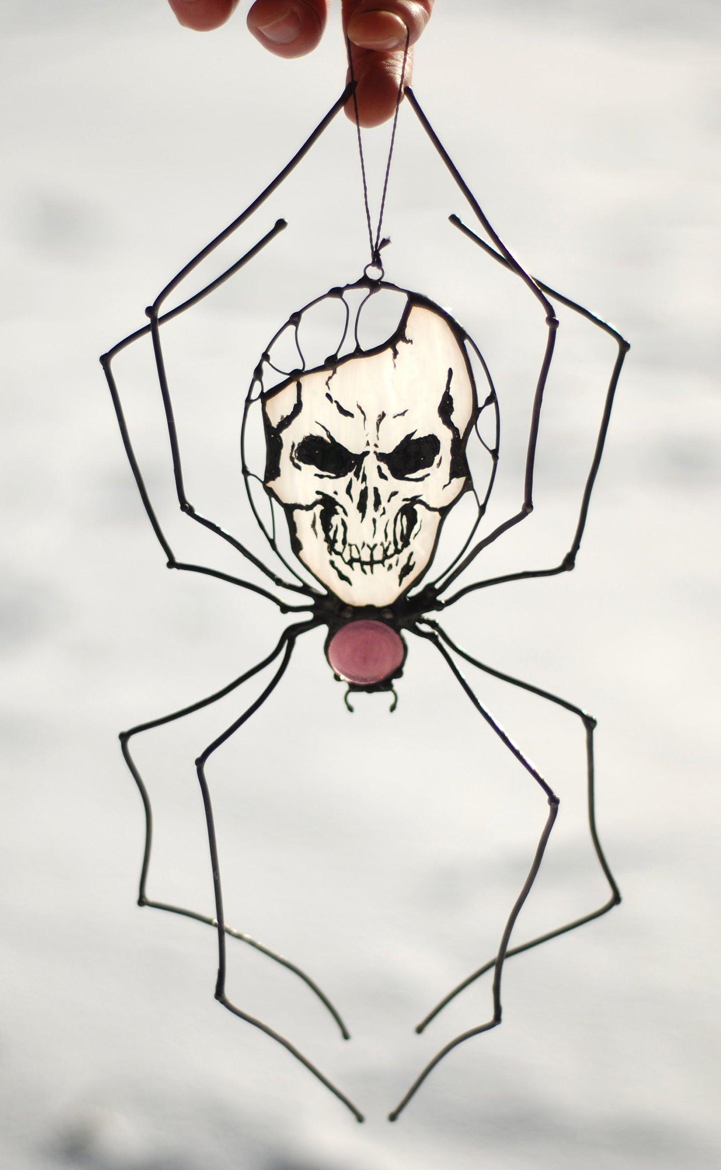 Spider with Skull Stained Glass Suncatcher — Haunted Halloween Window Art, Gothic Horror Gift