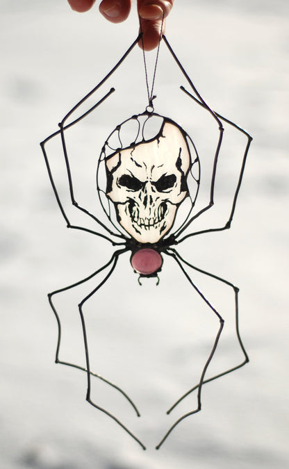 Spider with Skull Stained Glass Suncatcher — Haunted Halloween Window Art, Gothic Horror Gift