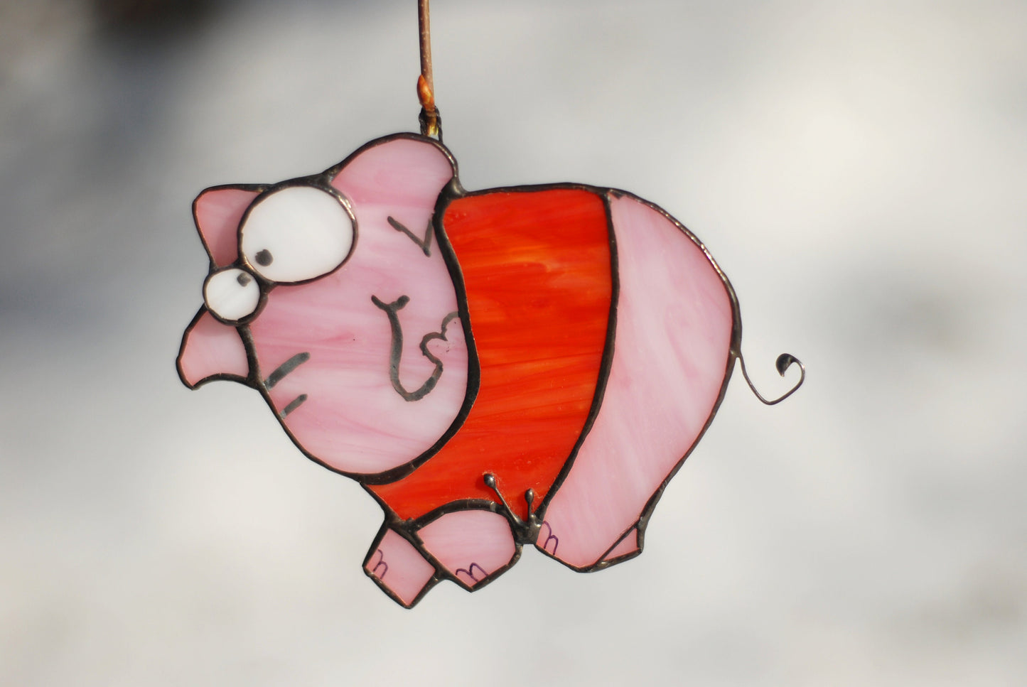 Pink Elephant in Red Shirt Stained Glass Suncatcher — Cute Funny Animal Window Art, Kids Gift