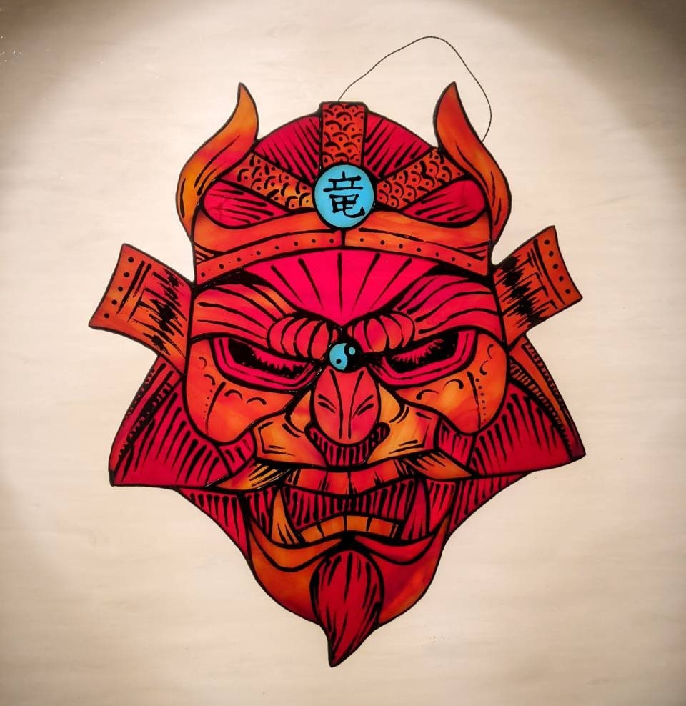 Red Samurai Mask Stained Glass Suncatcher — Japanese Oni Window Art, Anime Warrior Gift Him