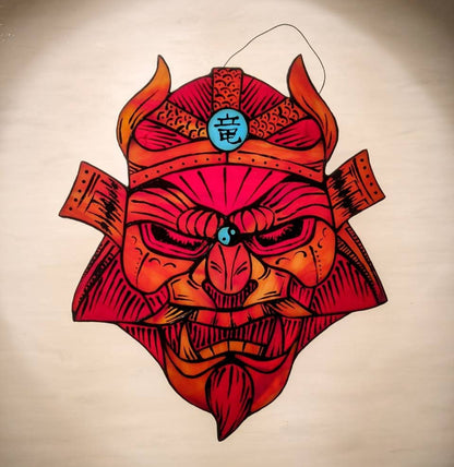 Red Samurai Mask Stained Glass Suncatcher — Japanese Oni Window Art, Anime Warrior Gift Him