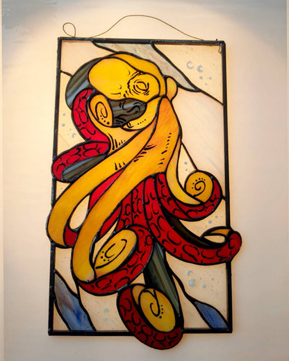 Stained Glass Window Panel — Octopus Kraken Cthulhu, Nautical Sea Monster Art, Gothic Ocean Gift